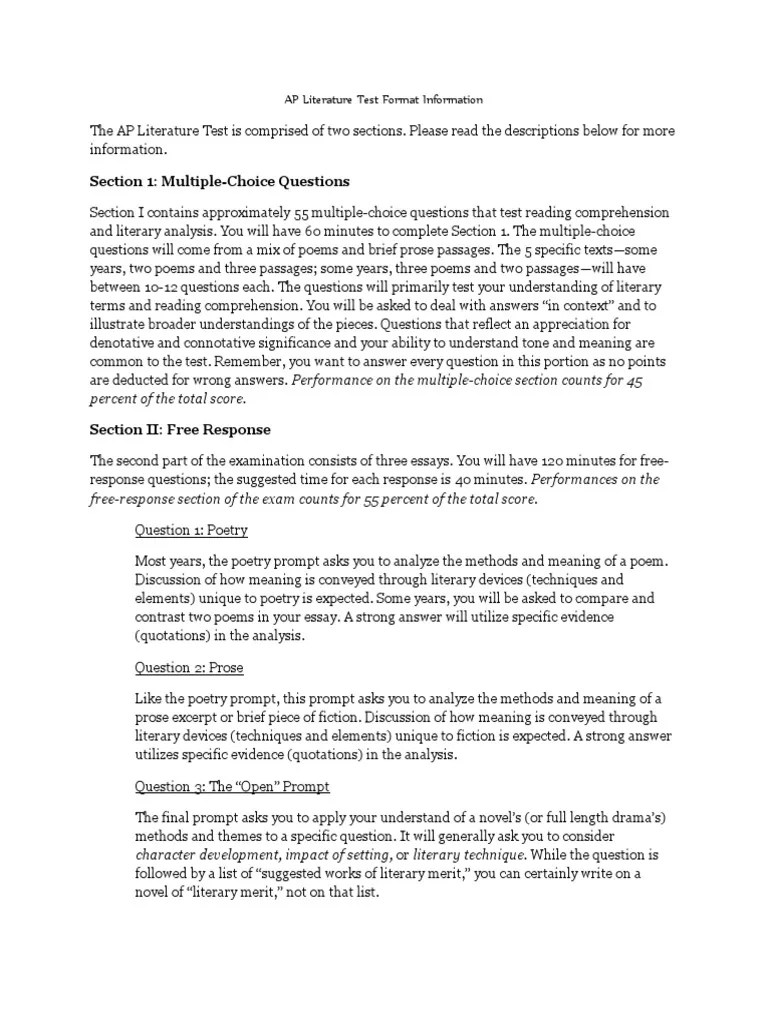 ap literature test format information Multiple Choice Poetry