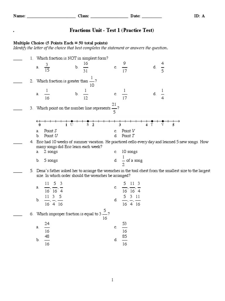 Fractions Practice Test 1 | PDF | Fraction (Mathematics) | Abstract Algebra