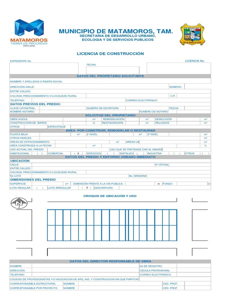 Formato de Licencia de Construccion Gobierno de Matamoros.