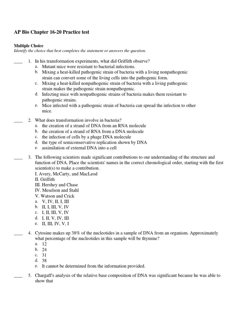 AP Practice Test Chapter 1620 PDF Dna Replication Directionality