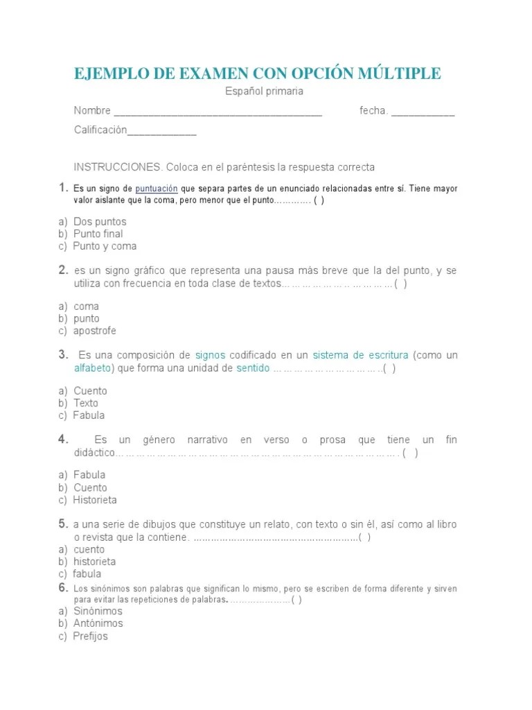 Ejemplo De Examen Con Opción Múltiple