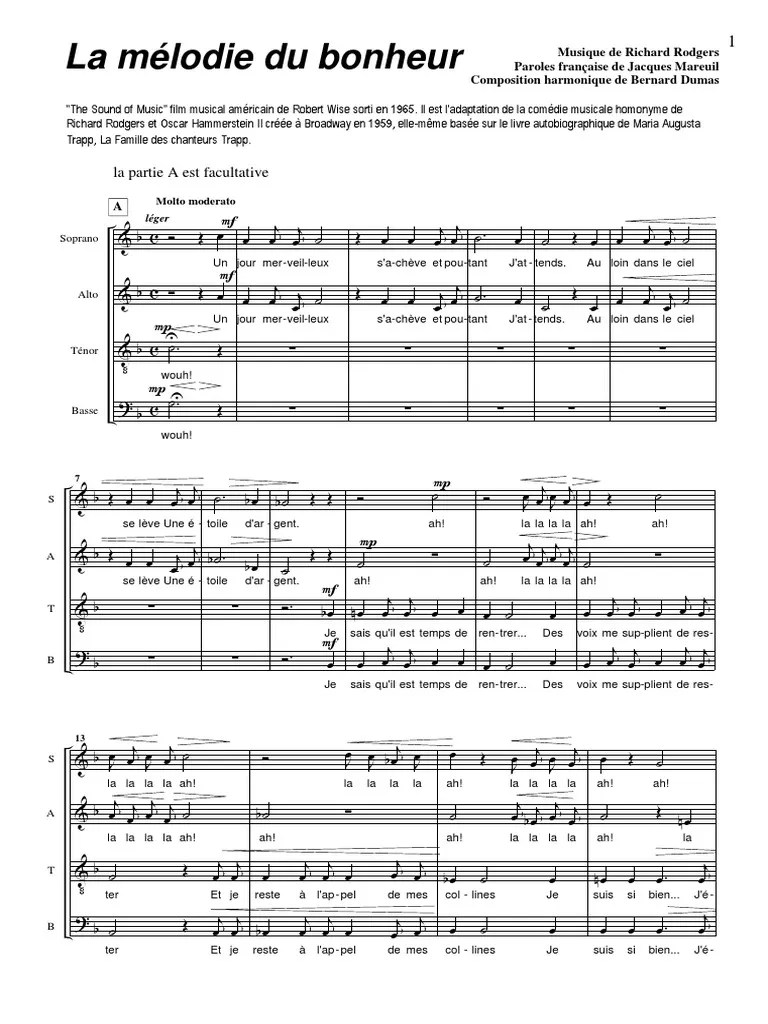 La Melodie Du Bonheur SATB PDF | PDF | Musique vocale | Arts du spectacle
