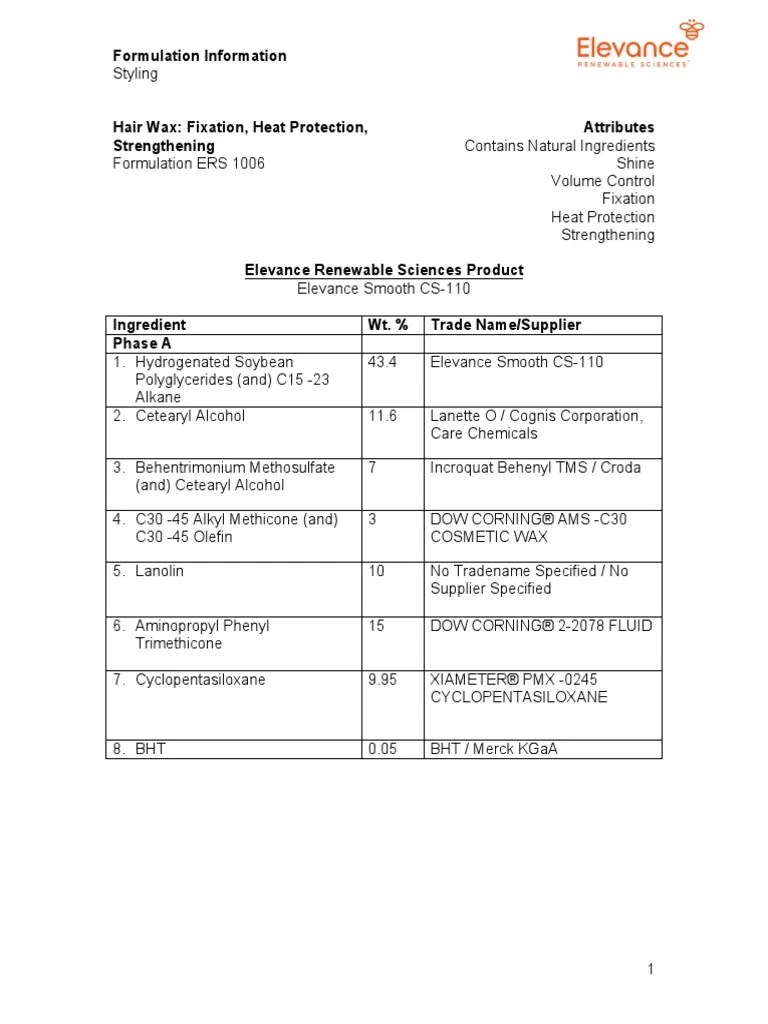 Formulation ERS 1006 102713 Hair Wax PDF Wax Trademark