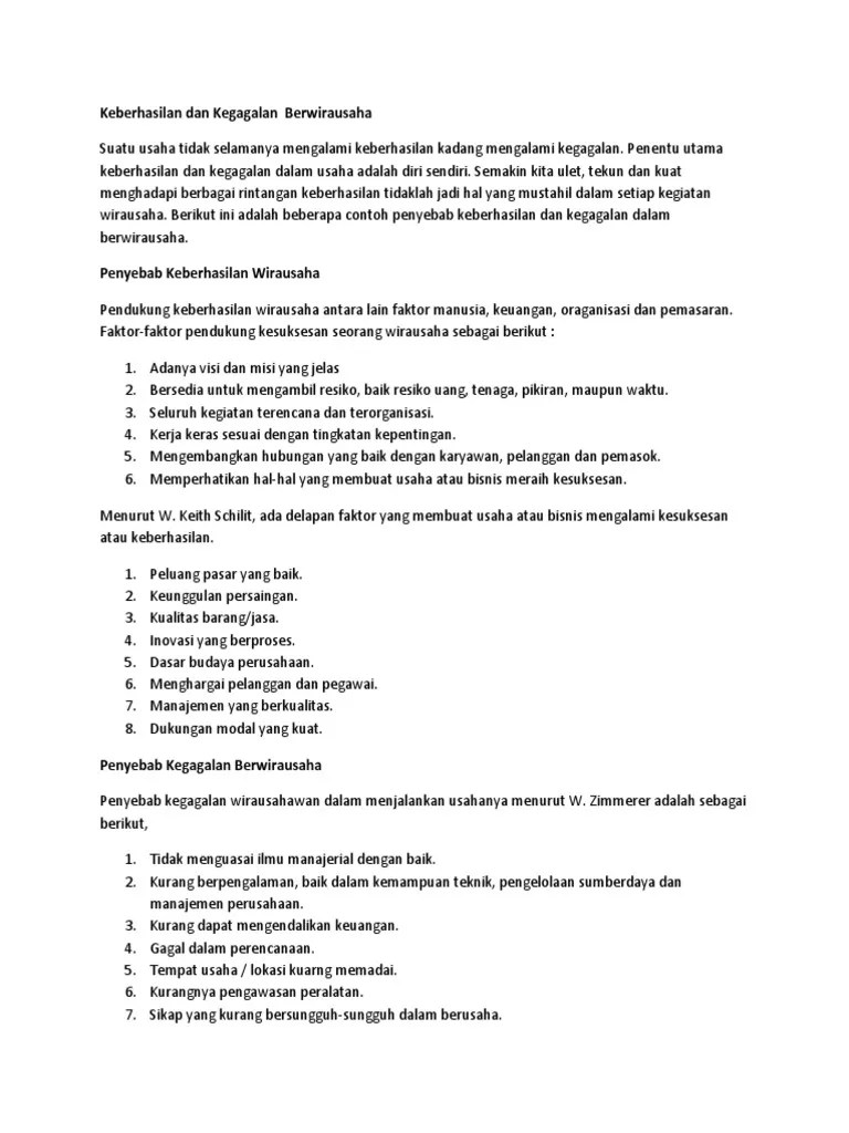 Keberhasilan Dan Kegagalan Berwirausaha | PDF