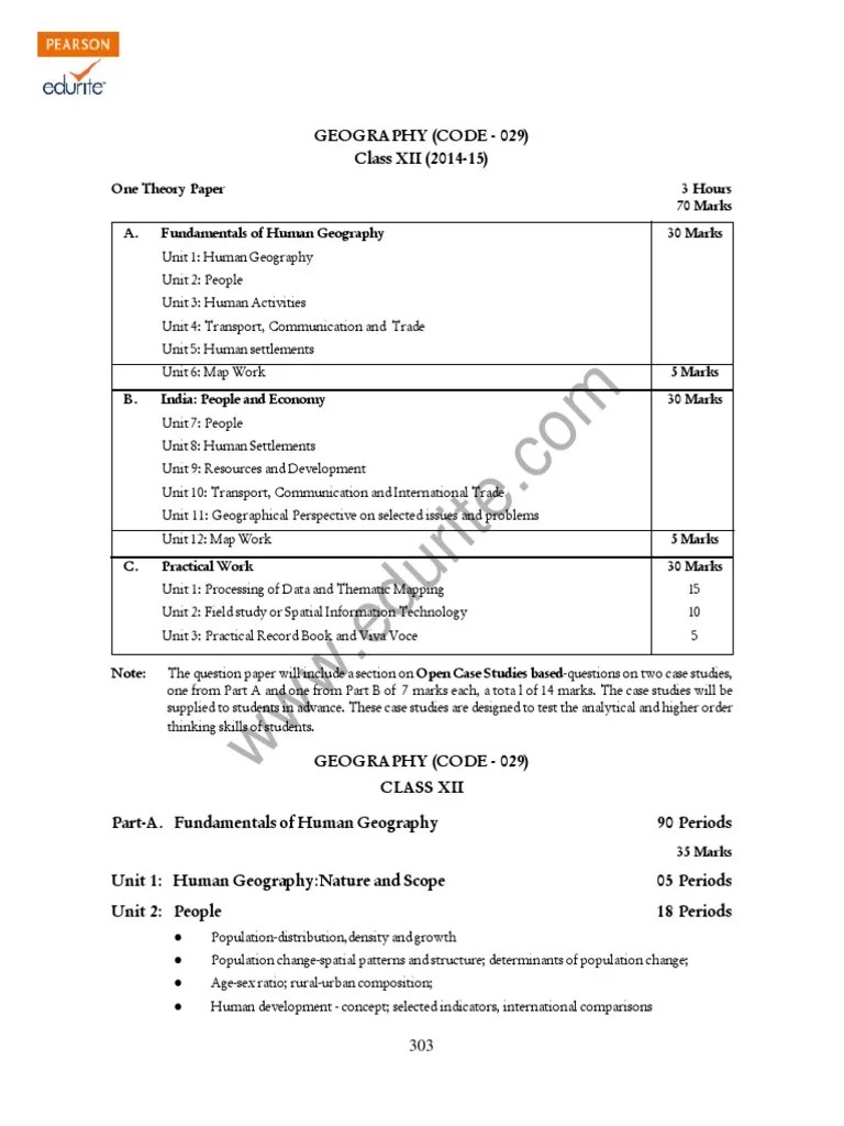 Class 12 Cbse Geography Syllabus 2015 PDF Geography Geographic