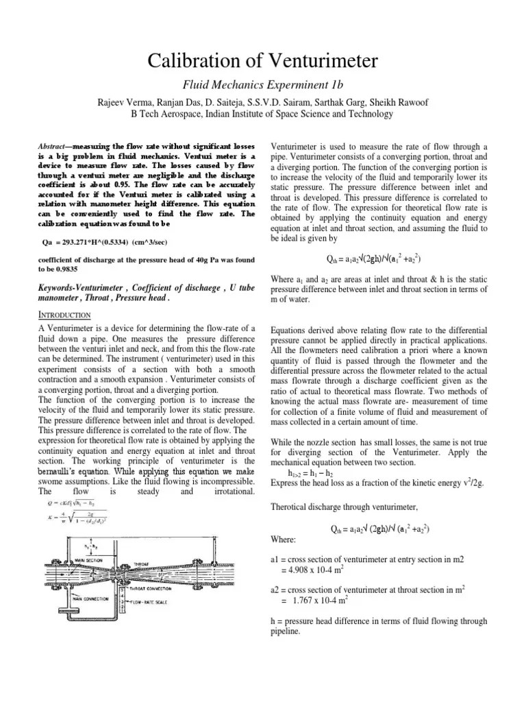Calibration of Venturimeter Flow Measurement Fluid Dynamics