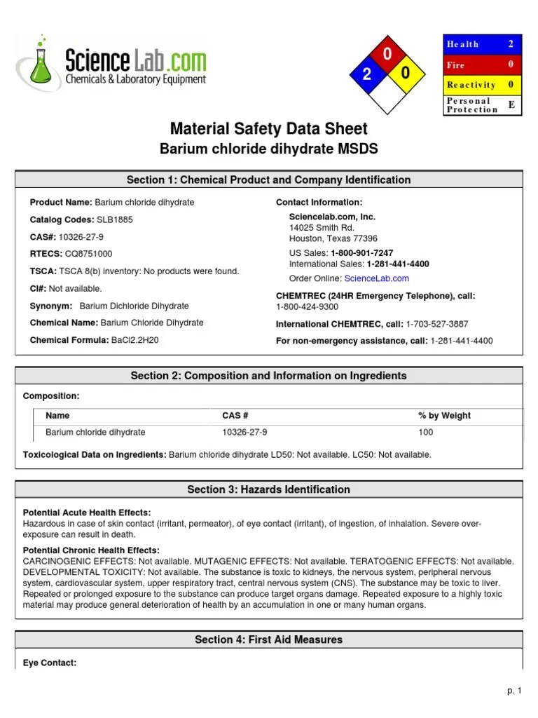 Barium chloride dihydrate MSDS Section 1 Chemical Product and Company