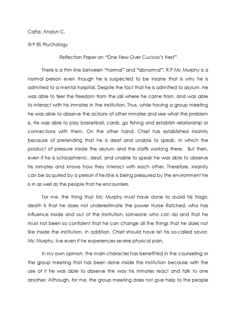 Reflection Paper On The Movie One Flew Over The Cuckoo's Nest PDF