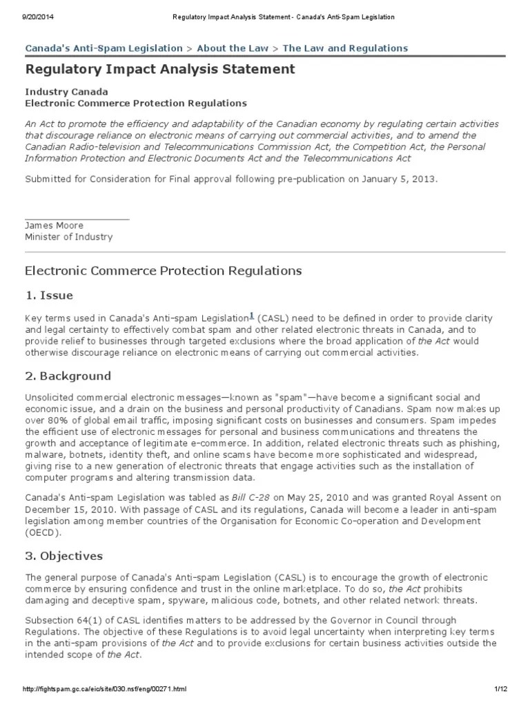Regulatory Impact Analysis Statement Canada's AntiSpam Legislation