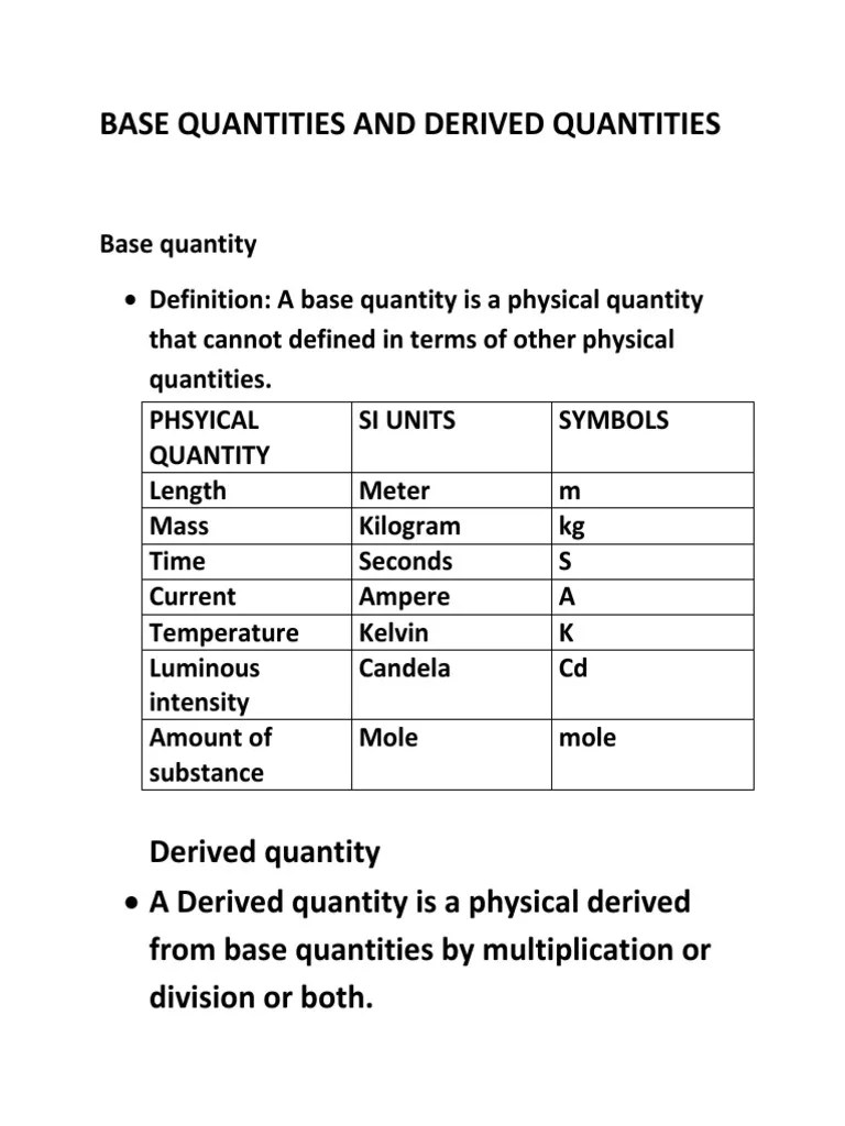 Base Quantities and Derived Quantities Velocity Acceleration