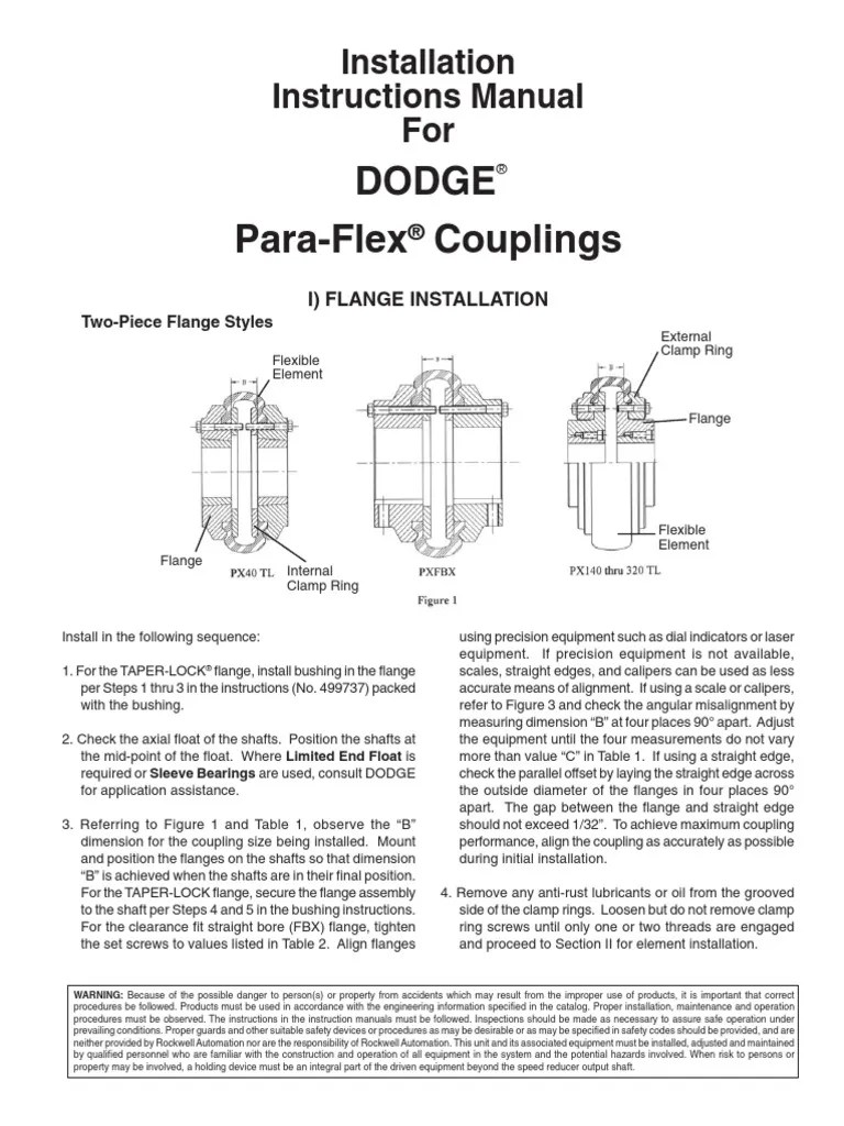 ParaFlex Couplings Dodge Installation Instructions Manual For