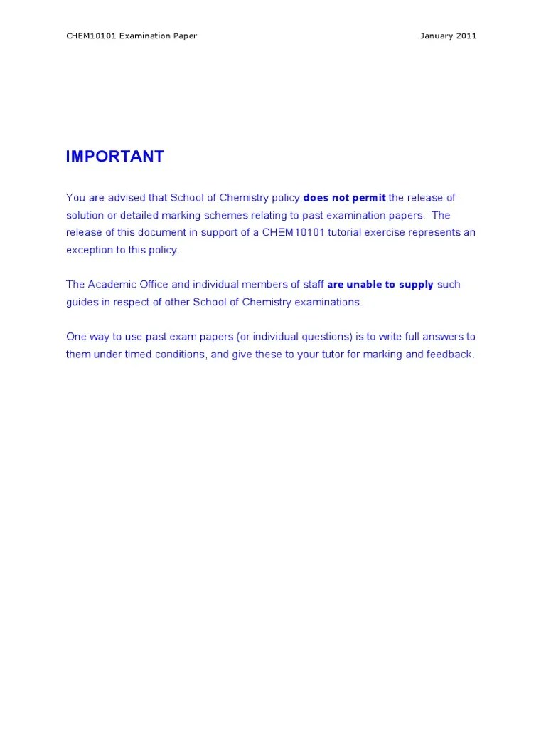 CHEM10101 2011 Exam Answers | PDF | Amine | Atomic Physics