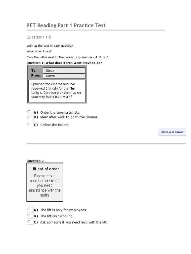 PET Reading Part 1 Practice Test Car Driving