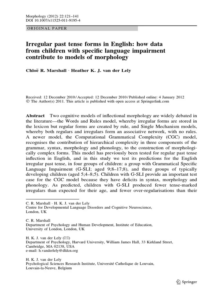 Irregular Past Tense Forms in Englishpdf Syllable Morphology
