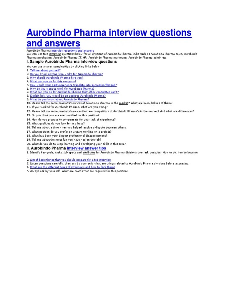 Aurobindo Pharma Interview Questions and Answers Question Interview