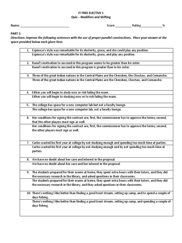 Exercise Sheet Parallelism, Shifting & Modifiers (Main) Test