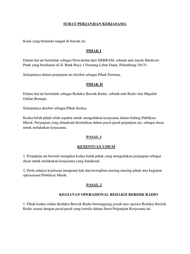 Contoh Format Surat Perjanjian Kerjasama Musik