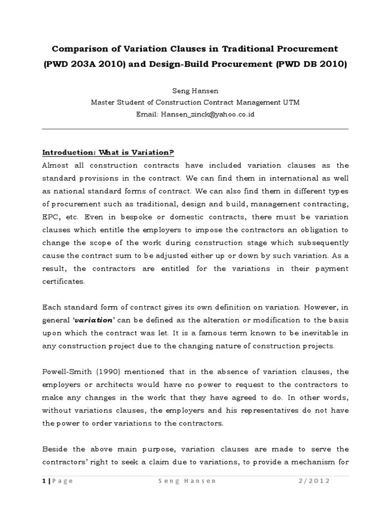 Comparison of Variation Clauses PDF Procurement Business