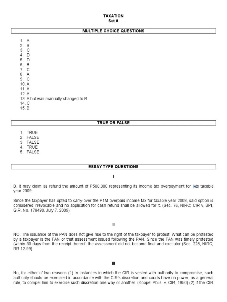 Taxation Bar Questions PDF Qualifications Student Assessment And