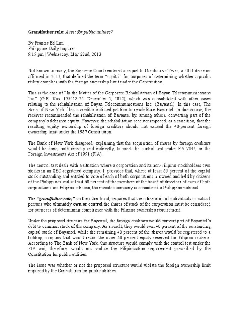 Grandfather Rule A Test For Public Utilities? PDF Business