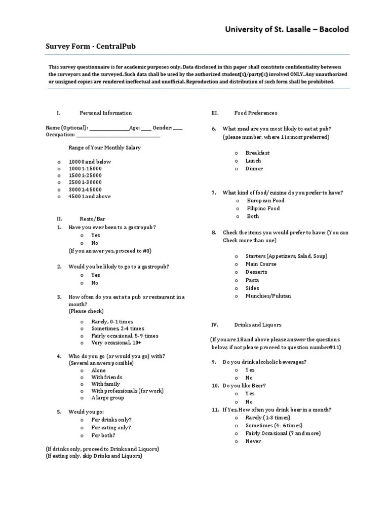 Survey Form Bar Drink