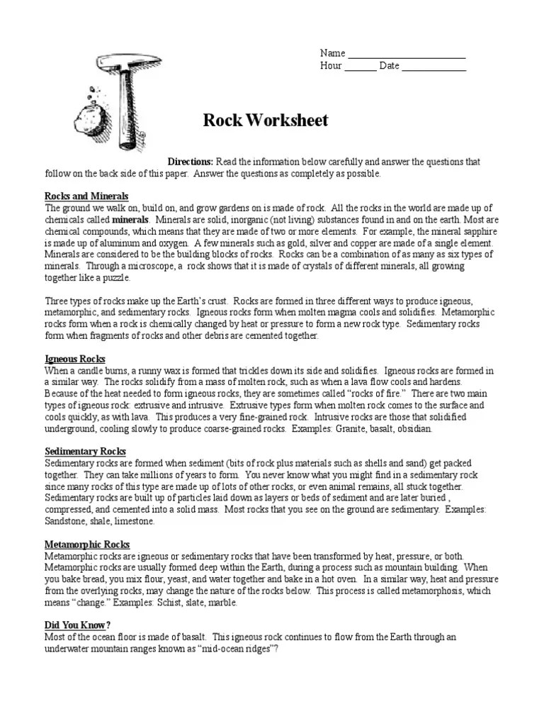 Rock Worksheet Rock (Geology) Igneous Rock