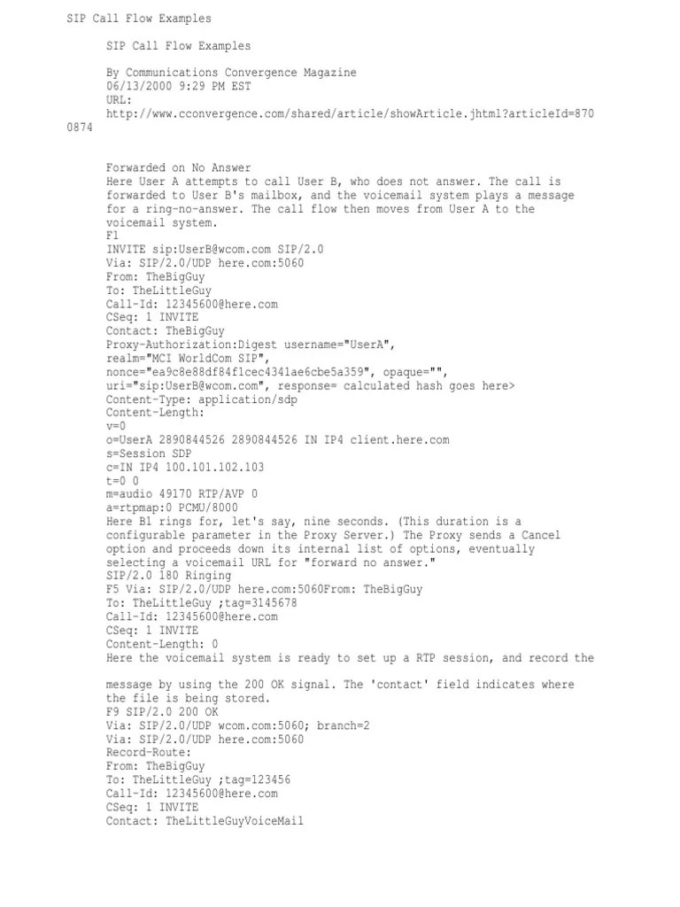 SIP Call Flow Examples Session Initiation Protocol Voicemail