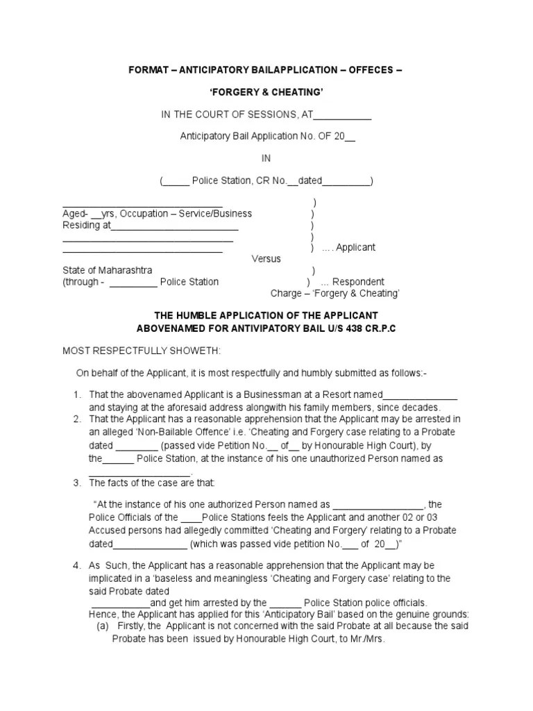 Format Anticipatory Bail Application Offence Chetaing Bail