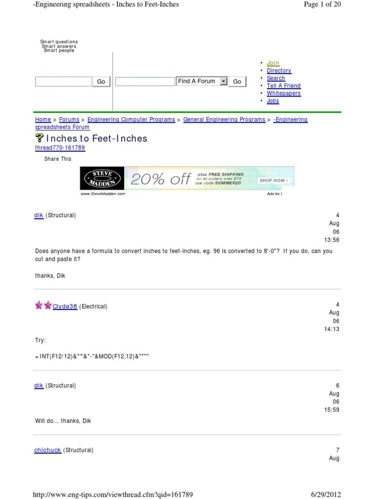 Excel Inches to FeetInches Microsoft Excel Spreadsheet