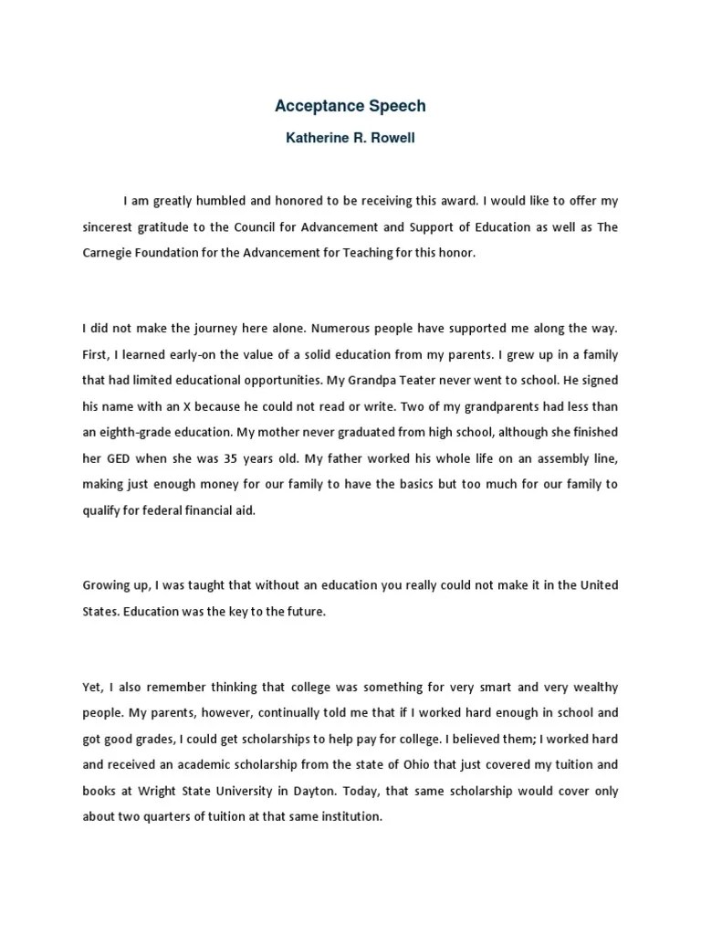 Acceptance Speech.docx Schools Teaching And Learning