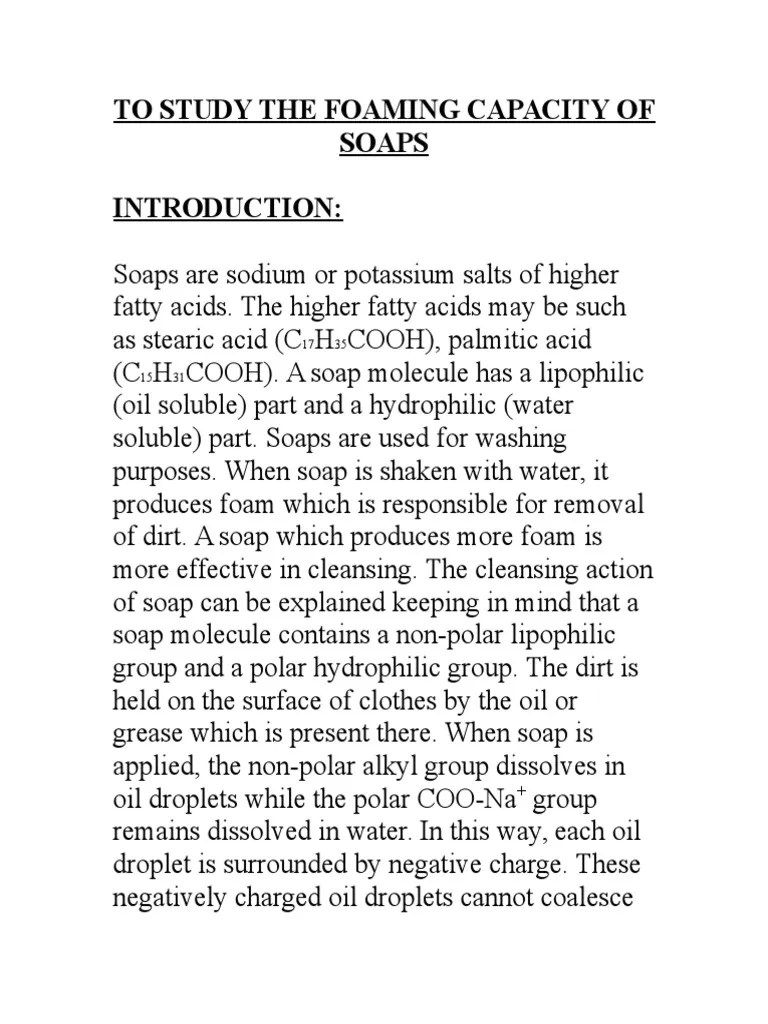 To Study The Foaming Capacity of Soaps PDF Calcium Soap