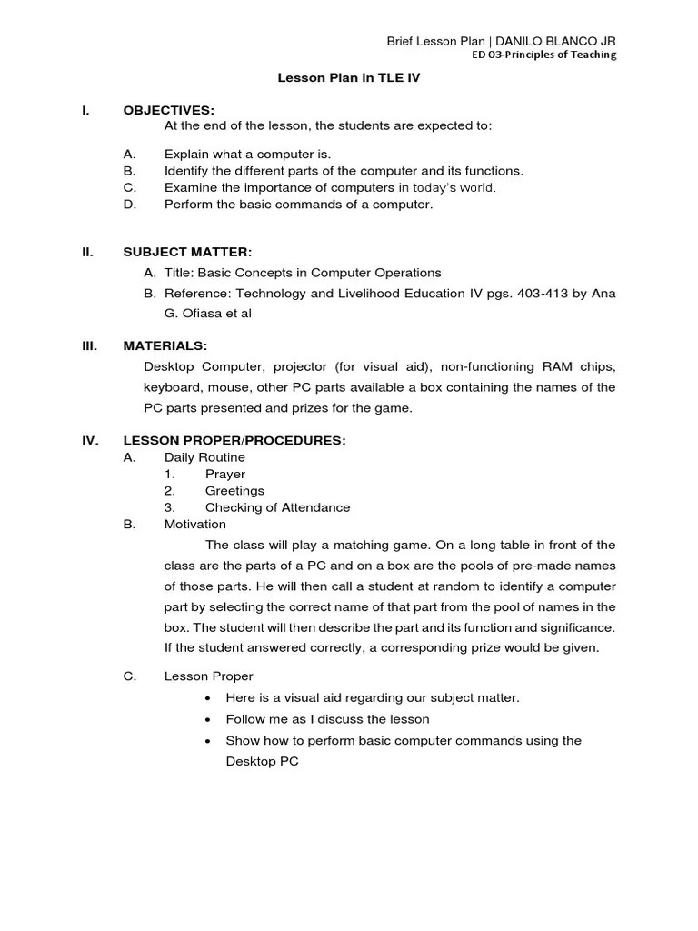 Brief Lesson Plan in TLE IV Lesson Plan Operating System
