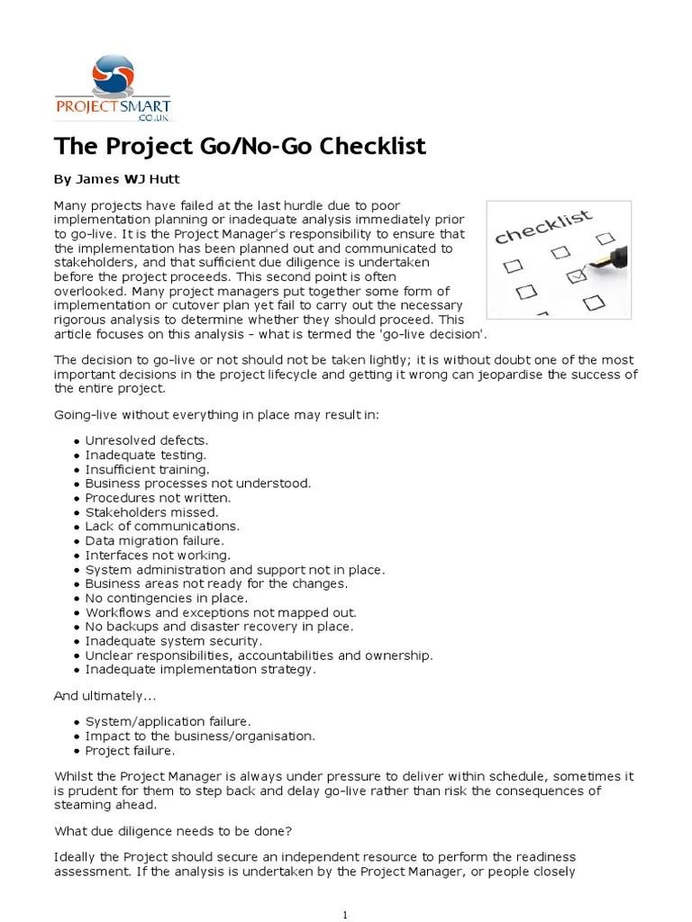 The Project Go No Go Checklist Educational Assessment Disaster Recovery