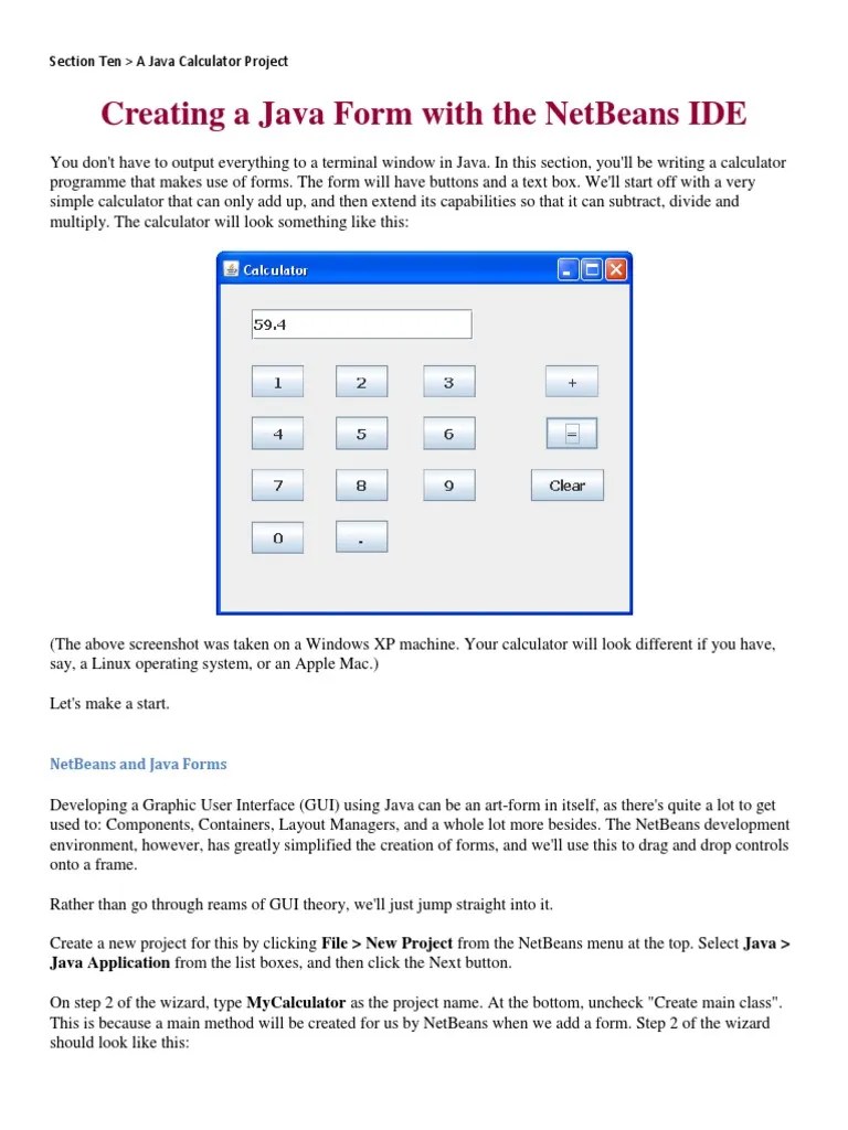 Section Ten A Java Calculator Project PDF Net Beans Applications