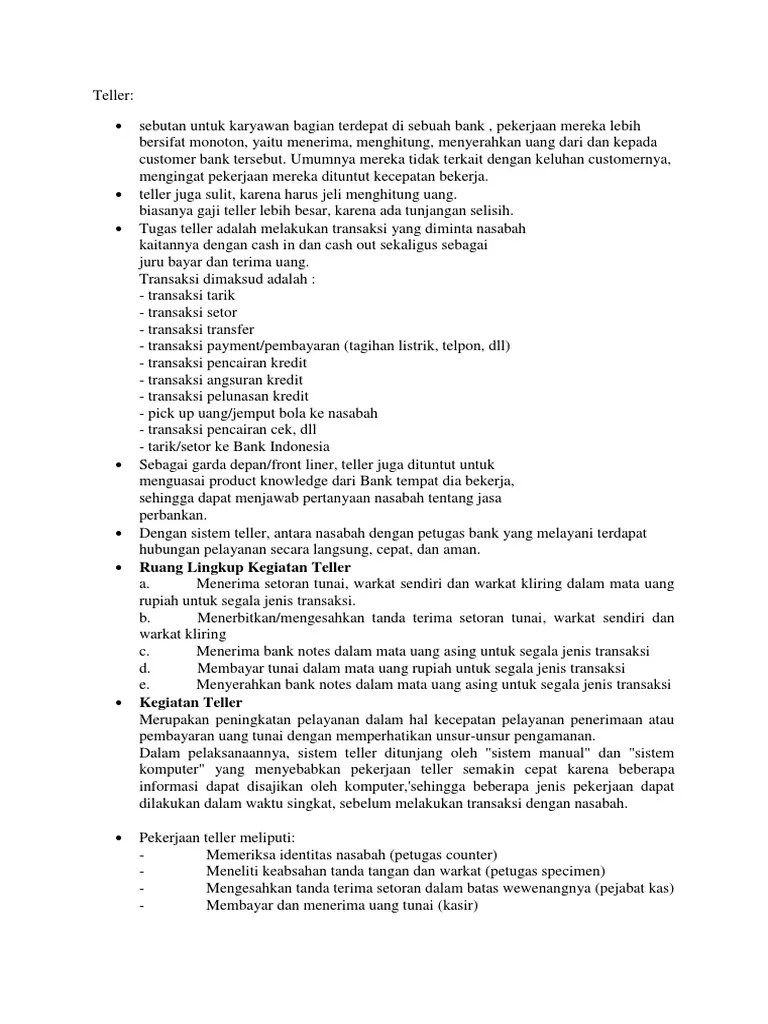 Perbedaan Teller Dan Customer Service | PDF