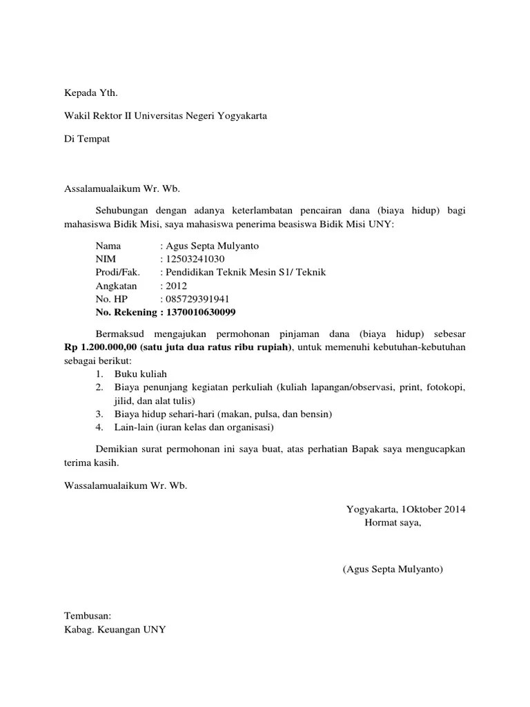 Surat Permohonan Pinjaman Dana Bidik Misi (Agus) | PDF