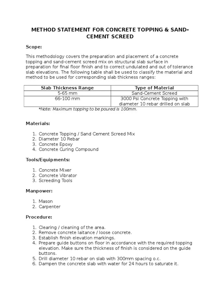 Method Statement For Concrete Topping (Ramp Slab) PDF Concrete