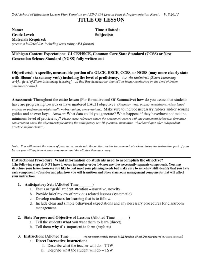 Sau Soe Lesson Plan Template PDF Educational Assessment Lesson Plan