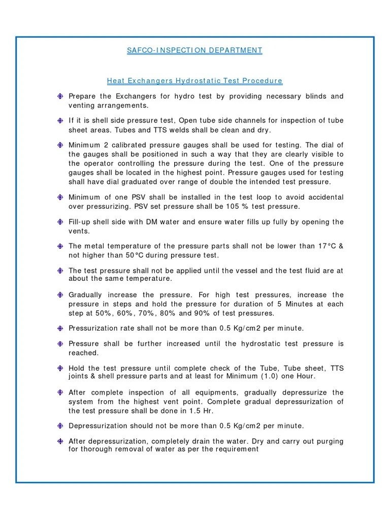 Heat Exchangers Hydrostatic Test Procedure