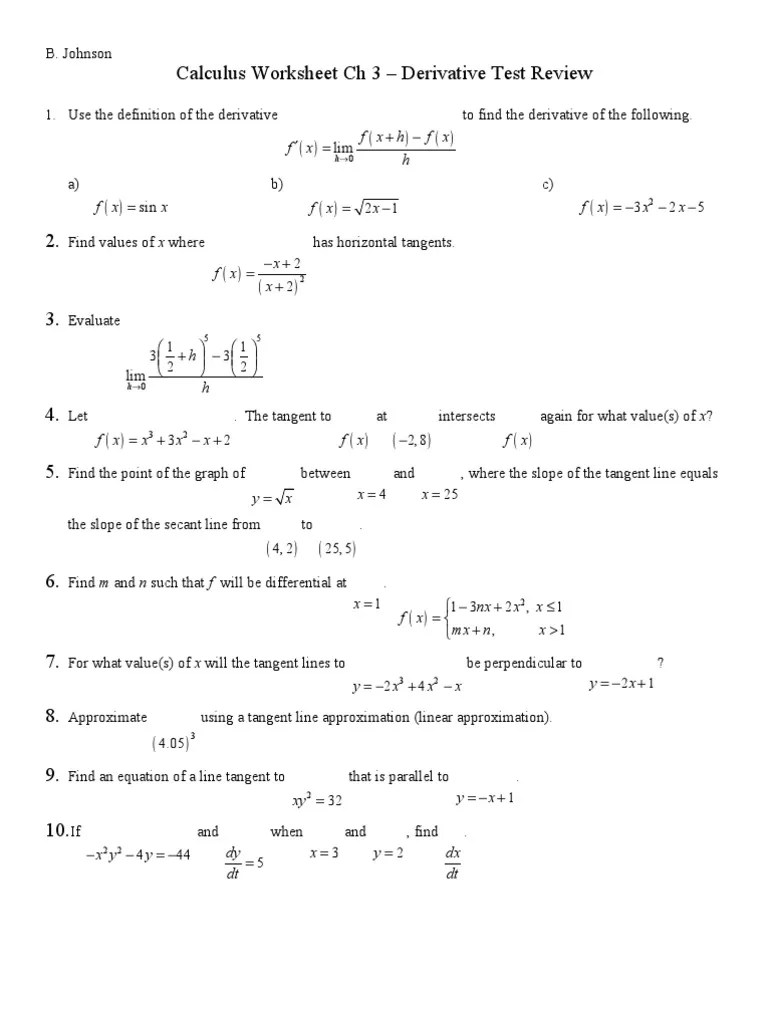 Calculus Worksheet Ch 3 Derivatives Test Revies Derivative Tangent
