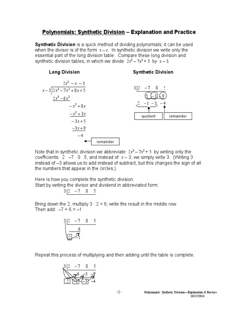 Synthetic Division Of Polynomials Worksheets