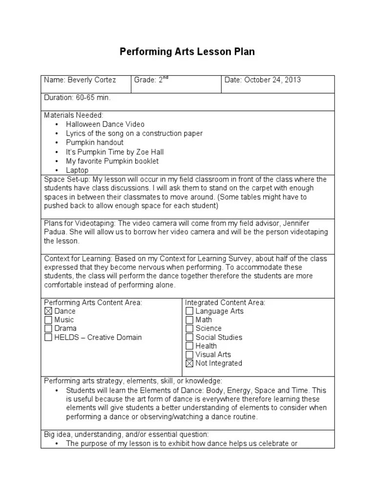 Performing Arts Lesson Plan Dances Lesson Plan Free 30day Trial