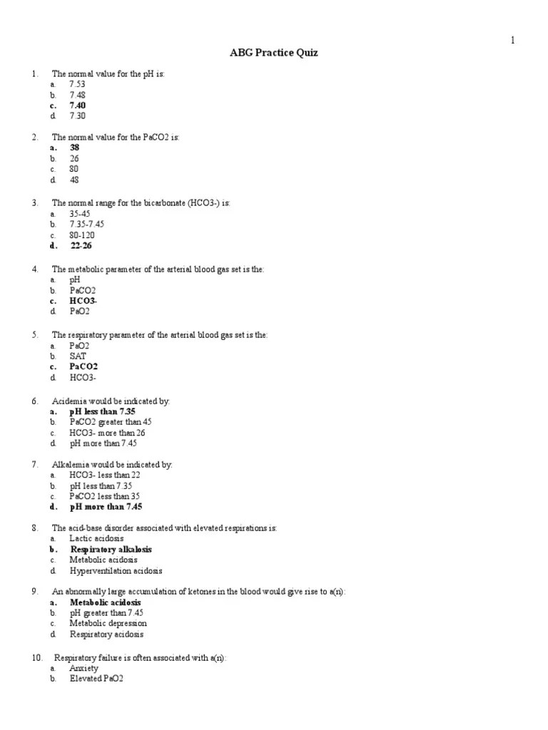 ANSWERS To ABG Practice Quiz PDF Endocrine Metabolism