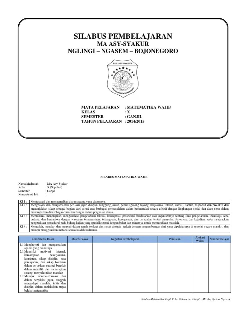 Silabus Matematika Wajib Kelas X Kurikulum 2013 Revisi 2017 Jawaban Buku