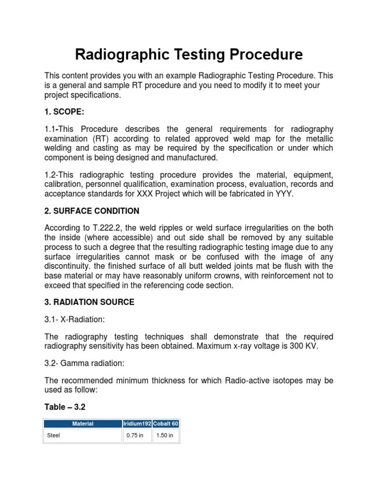 Radiographic Testing Procedure PDF Radiography Materials