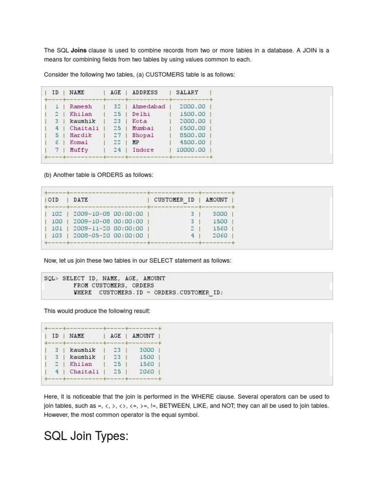 Understanding SQL Joins Types of Joins in SQL and Examples of INNER