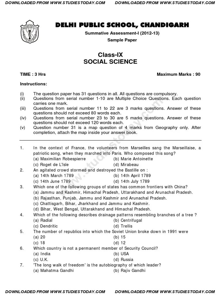 CBSE Class 9 Social Science Question Paper SA1 2013 PDF Economies