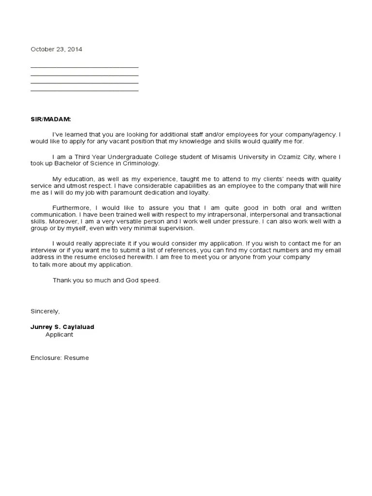 Sample Application Letter