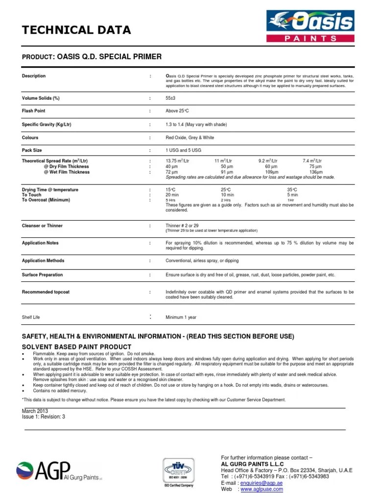 Technical Data Sheet for Oasis Q.D. Special Primer A Zinc Phosphate