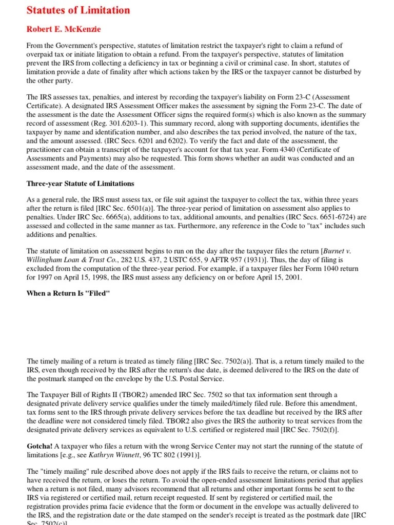 Statutes of Limitations Internal Revenue Service Tax Return (United States)